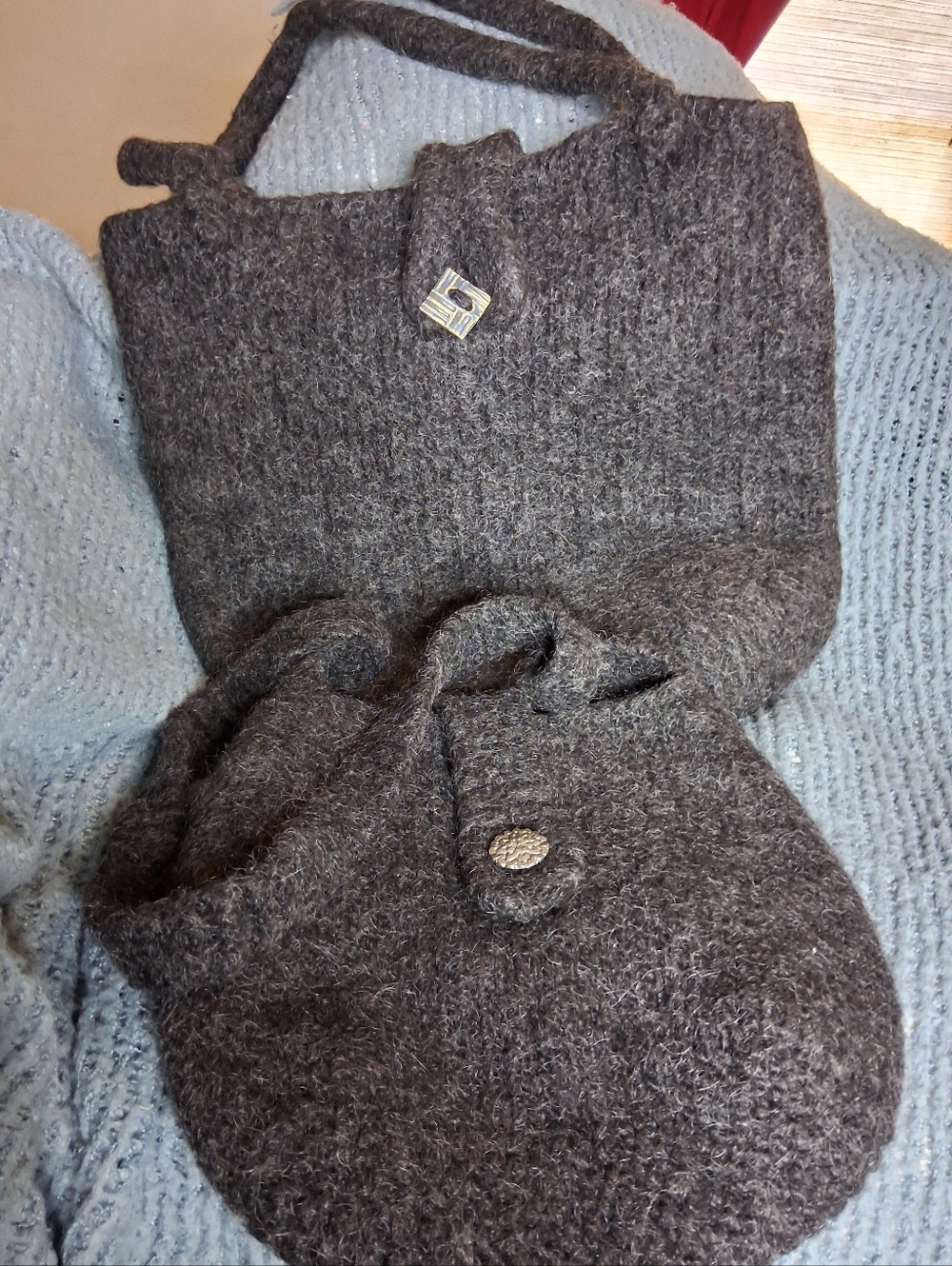 Pair of Handmade Boiled Wool Dark Gray Knit Tote Bag and Purse - Casual Comfort